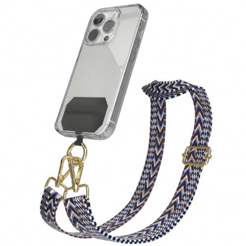 EAZY CASE - Handykette Universal zum Umhängen kompatibel mit jedem Handy Kette mit Hülle kombinierbar Handykordel mit Karabiner für Handyhülle Handyband zum Umhängen Bunt Boho Kordel Blau Weiß Gold