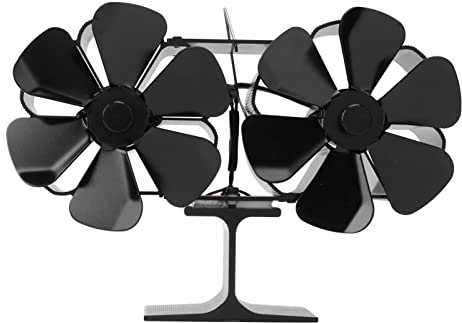 Mwrode Double Heads Fireplace Fan 6 Blades Thermal Power Stove Fan Black Slient Non Electric Air Circulation Fan for Wood Log Burner