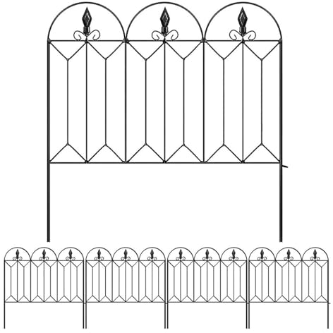Recinzione Decorativa da Giardino, Palizzata in Metallo, 5 Pannelli Recinto per Aiuole, 61cm di Altezza x 305cm di Larghezza, Barriera per Animali, Senza Scavare, Nero