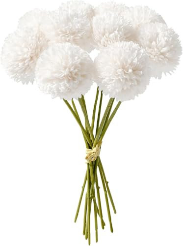 PacuM 12 Pcs Artificial Chrysanthemum Ball Flowers 28CM Artificial Flowers Faux Ball Chrysanthemum Bouquet Silk Bridal Wedding Bouquet for Home Garden Party Office Autumn Decor (White)