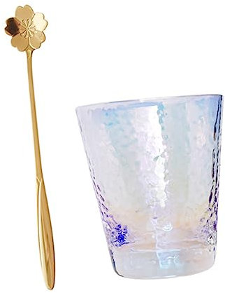 Ciieeo Hammered Glass Wine Cup for Daily Use Stylish Beer Mug Spoon for Home Bar Drinking Glasses Set