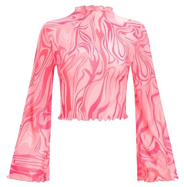 FYMNSI Maglia da donna in rete trasparente, top boho floreale hippie anni '70, camicette a collo alto, maniche a campana, tunica, Colore: rosa., XL