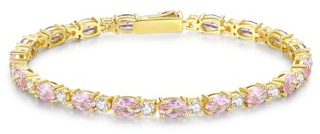 FANCIME Månadssten tennisarmband, 14K guldpläterad ädelsten tennisarmband för kvinnor, fina smycken mors dag jul födelsedagspresent för kvinnor flickor, 18 centimeters, Skapad rosa turmalin