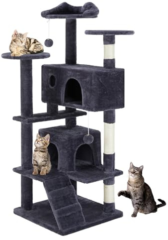 Sweetcrispy Kratzbaum,Katzenbaum Katzen Stabil,135cm Hoch,Mehrstöckiger Katzenkratzbaum Katzenmöbel mit Kratzsäulen Plattformen Höhlen Plüschbälle,Modernes Dunkelgrau