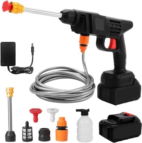 Idropulitrice a Batteria Idropulitrice Portatile, 90 Bar Idropulitrice Portatile con 2 Ugello e 5m Tubo, Lunga Durata Della Batteria ed Elevata Efficienza di Pulizia per Lavaggio Auto, Versare Fiori