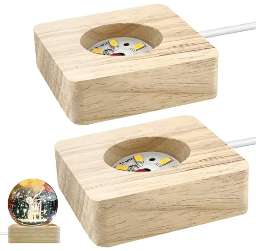 teashow 2Pack Wooden LED Light Base Crystal Glass Light Display Base Stand | Square Desktop Display Base Stand Ornament Powered by USB for Crystal Ball Jewelry Glass Resin Art, Warm Light