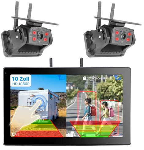 GREENAUTO Solar Rückfahrkamera Kabellos mit 10 1080P Touchscreen Monitor: 9600mAh Akku 1Min DIY Installation Vierfach-Split Funk, IP69K Wasserdicht Rückfahrkameras für Auto, LKW, Van, SUV, Wohnmobil