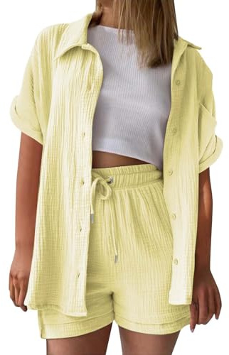 UXSELKCD Damen Zweiteiler Sommer, Musselin Bluse, T-Shirt Kurzarm, Leinen Knopf Bluse, Lange Oversized T-Shirt, Casual für Leggings, Gelb, XXL