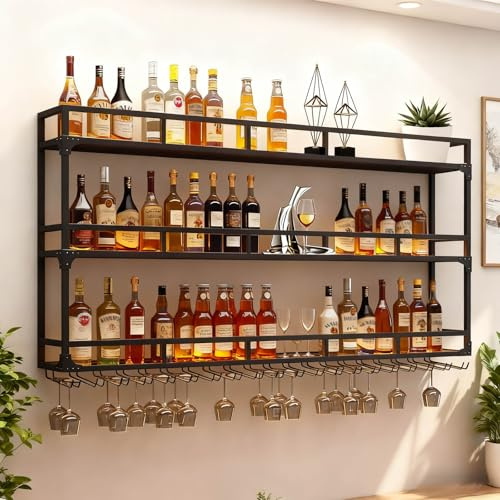 RAJYQODIS Weinregal Wand mit Glashalter, 3 Ebenen Weinpareite Display Rack, Weinflasche Glashalter Wandmontage für Esszimmer Home Bar Küche dekorative (Schwarz, 180cm)