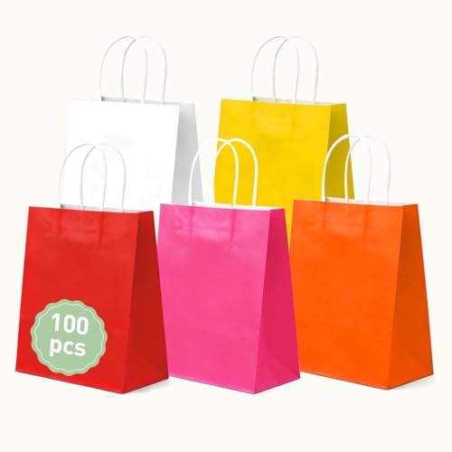 Crisgus 100 Pièces Petit Sac Kraft avec Poignée 15x8x21cm, Sac Cadeau, 5 couleurs, Sac Papier Recyclables pour Nourriture, Cadeaux, Pâtisserie, DIY, Anniversaires, Bonbons