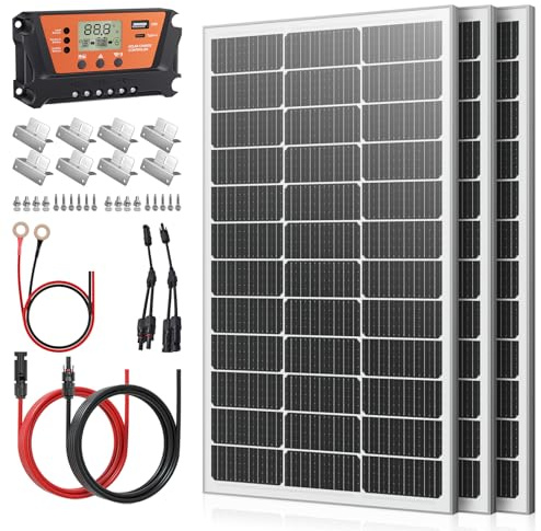 Kit de panel solar de 360 W: módulo solar monocristalino de 120 W*3 + regulador de carga solar de 30 A, cable solar, para baterías de 12 V, instalación solar, autocaravana, barco, caravana, hogar