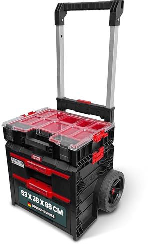 XL Werkzeugtrolley - Qbrick System Werkzeugkoffer mit Rollen, Werkstattkoffer Set, Werkstattwagen mit viel Zubehör! B x T x H in cm: 53 x 38 x 98 cm! Der mobile Alleskönner - Privat & Gewerbe (SET 16)
