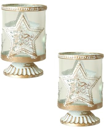 Set of 2 Rose Gold Candle Holders Glass Metal Star Design Whitewashed Finish Fits 6.5cm Candles Vintage Pedestal Tealight Votive Holders Home Décor