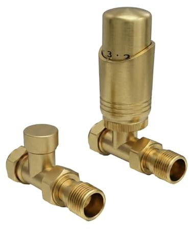 LavaTherm Thermostatic Radiator Valve TRV – 15 mm Straight – Energy Saving Central Heating Radiator Valve – Premium Brass Replacement TRV and Lockshield – Brushed Brass