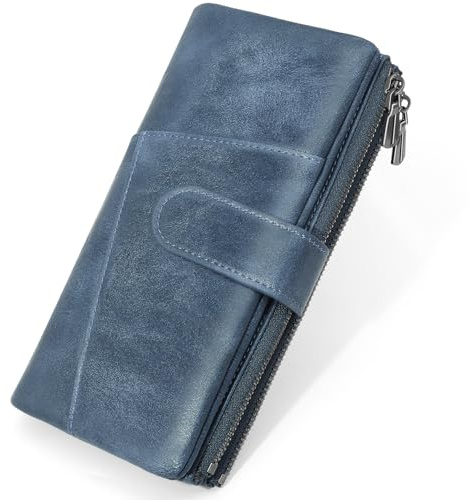REETEE Portefeuille Femme Grand Format Cuir PU Porte Monnaie Femme Vintage Blocage RFID Porte Feuille pour Femme avec Grand Porte-Monnaie Zippé 23 Emplacements de Cartes Long Portefeuilles (Bleu)