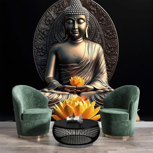 Negro Mural de Papel Tapiz de Seda con Estatua Buda Loto – Fotomural Decorativo Natural para Sala, Dormitorio Infantil o Adulto – Zen Chino Diseño, 250 x 175 cm