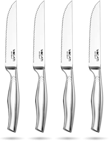 WAGATI Steak Knives Set of 4 – Rust-Free Stainless-Steel Steak Knives with Sharp Serrated Edge – Kitchen Steak Knife Set with Non-Slip Ergonomic Handle Stain & Scratch Resistant