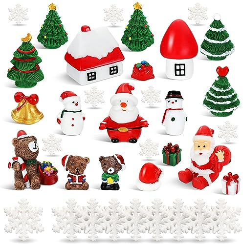 BBTO 45 Pcs Christmas Miniature Figures for Crafts Mini Resin Christmas Ornaments Include Mini Santa Snowman Xmas Tree Snowflake for DIY Garden Dollhouse