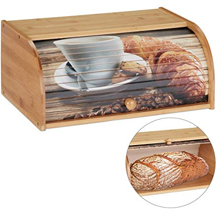 Relaxdays Brotkasten Bambus, Rolldeckel mit Motiv, aromadichte Brotaufbewahrung, mit Ablagefläche, HBT 17x40x27cm, natur