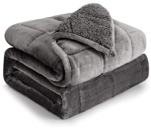 Cottonblue Sherpa Fleece Weighted Blanket 15 lbs for Adult, Flannel Cozy Plush, Fuzzy, Full Size, Minky Soft Blanket for Sofa Bed,48 x 72 inches,Grey