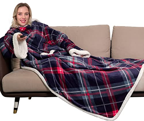 Winthome Double Warmer Wearable Blanket with Sleeves, Super Soft Sherpa Blanket for Adult Women Men (Plaid Blue)
