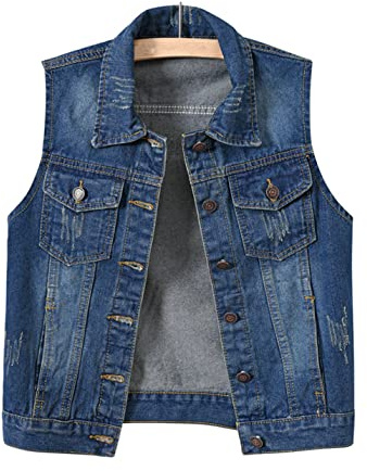 VIEWON Women's Casual Denim Waistcoat Frayed Sleeveless Ripped Jacket Vest with Pockets Denim M