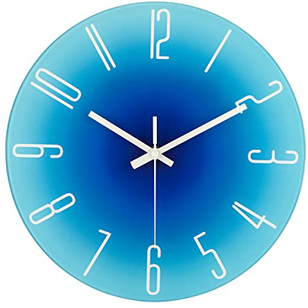 Topkey 12 Inch Silent Glass Wall Clock Easy Readable Big Numbers Non Ticking Round Stylish Gradient Modern Decorative Clock for Home Bedroom Living Room Dining Room Kitchen and Office -Blue