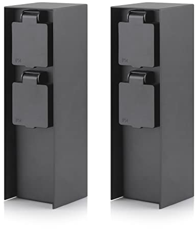 Garten Steckdosensäule，IP44, 2-fach, schwarz, eckig，2 Steckplätze, max. 3680 W Gartensteckdose，Outdoor Steckdosenverteiler Aussen Steckdosenturm,2 Stück