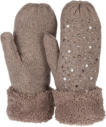 styleBREAKER Damen Strick Fäustlinge Strass Perlen | Wärmendes Thermo-Fleece-Innenfutter, elastische Passform für 16-21 cm Handumfang (Größe 6-8), ohne störende Nähte.