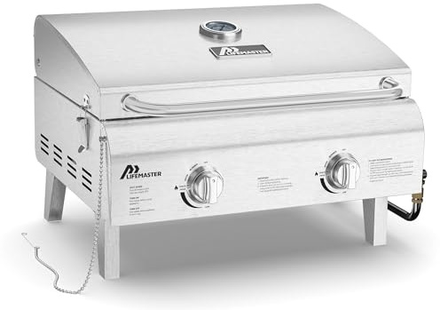 Lifemaster Portable Stainless Steel Gas Grill - 2 Burners Easy Clean Tabletop BBQ Propane Gas Grill with Foldable Legs and Wind Proof Lid for Camping and Outdoor - Silver
