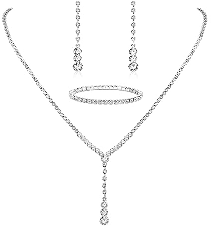 Morfetto Silber Brautschmuck Set Strass Halskette Armband Baumeln Ohrringe für Braut Brautjungfer CZ Anhänger Kristall Hochzeit Prom Schmuck Zubehör für Frauen C