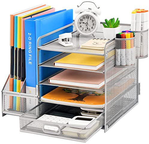 Marbrasse Skrivbordsorganisatör med filhållare,5 nivåer brevfack papper med låda och 2 pennhållare,skrivbord nät,förvaringsfack,organisatör för kontorsbehov (Silver)