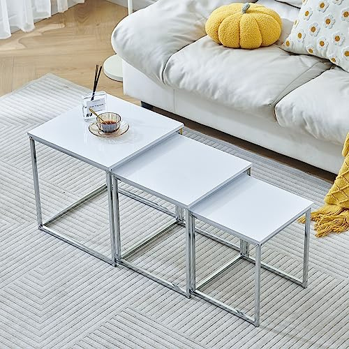 Ansley&HosHo 3er Set Verschachtelte Beistelltische Marmoroptik Nesting Couchtische Beistelltisch mit Metallgestell für Wohnzimmer Empfang Nachttische Stapelbar Beistelltische Lampentische (Weiß)