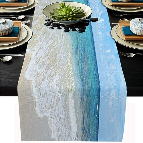 Highdi Chemin de Table en Lin, Moderne Chemin de Table Lavable Facile d'entretien pour Décorations de Table Armoires Dîner Cuisine Fête Mariage (33x183cm,mer)