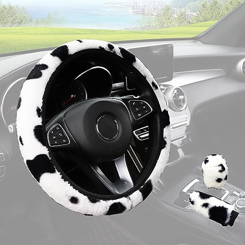 Universal Lenkradabdeckung Kuh Plüsch Winter Lenkradbezug Teleskop Anti Rutsch Auto Lenkradhülle mit Handbremse Schaltabdeckung Warme Auto Lenkradabdeckung für Autoo Zubehör 37-38cm