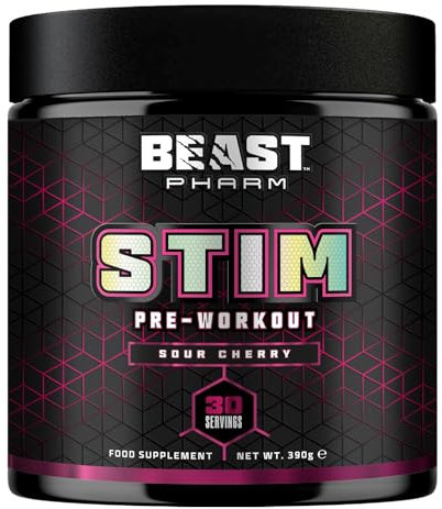 Beast Stim Pre Workout Powder - 30 Servings - Gym Supplements for Men and Women 390g - Beta Alanine Preworkout - Sour Cherry