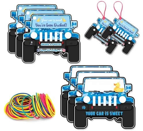 You've Been Ducked, Duck Tags, Duck Ducking Game Card, Car Shap with Blue Camouflage Design Duck Tags, 50 Cards and 50 Rubber Bands