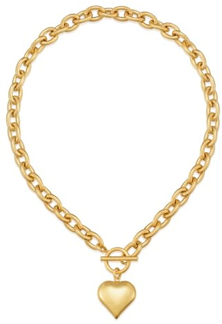 CLASSYZINT Gold Chunky Puffy Heart Pendant Necklaces for Women, Big Heart Chain Link Necklace Toggle Clasp Heart Charm Necklaces