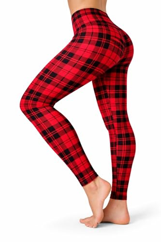 High Waist Womens Leggings - 4 Way Stretch Yoga Pants Workout Leggings - Ankle Length Jeggings for Women(L-XL, Red Plaid)
