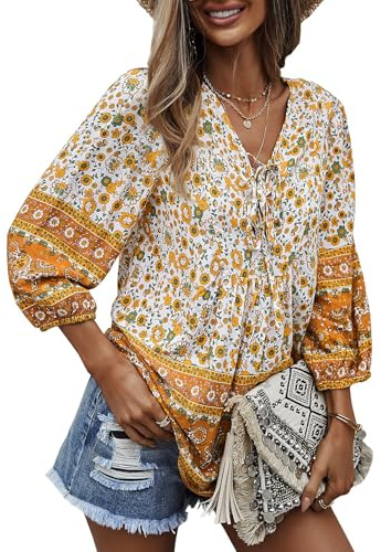 CNTSFS Damblus, elegant avslappnad boho, V-ringad, blommönster, lös tunika, damer, långärmad, sommar, GUL, M