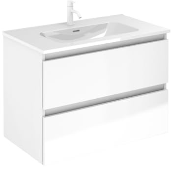 EstiloBaño - Aurora | Conjunto Mueble de Baño SUSPENDIDO con 2 Cajones + Lavabo | Disponible 60-80-100 + Blanco - Nogal 【Ancho 100】 【Blanco Brillo】