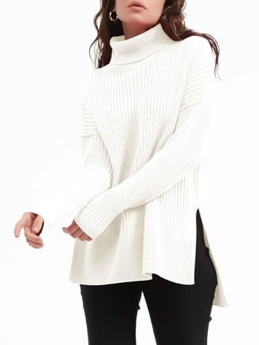 Imily Bela - Maglione oversize da donna a collo alto, maglione a tunica a maniche lunghe, invernale, a vestibilità rilassata, in maglia a costine con spacco laterale, bianco, M