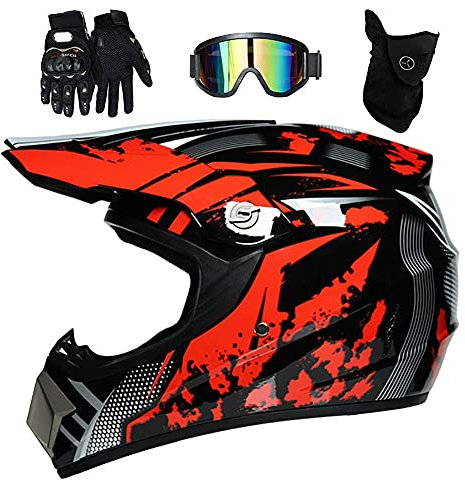Gioventù Bambini Casco da Motocross, Integrale Fuori Strada MX Moto Casco ATV Scooter Casco, Discesa Enduro BMX MTB Dirt Bike Incidente Casco, con Occhiali Guanti Maschera(Red,L/56-57CM)