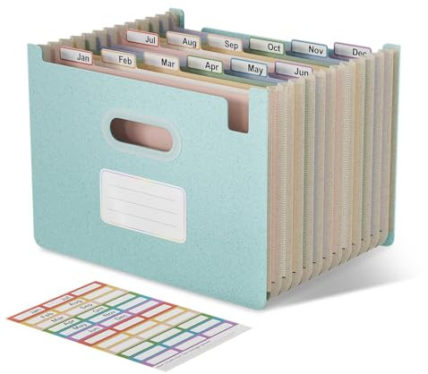 EcoStash Accordion File Organiser, 12 Pockets A4 Wheat Straw Expanding File Folders, Monthly Filling Document Organiser, Upright Open Top, BPA Free, Return to Nature, Healthy Living, Sky Blue