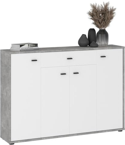 IDIMEX Kommode MILAS betonoptik/weiß - weiße Flurkommode mit Schublade und 4 Türen, Kommode mit schwarzen Griffen, Stauraum für schmale Räume 30 cm Tiefe