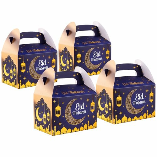HEKU Eid Mubarak Geschenkfaltboxen-Set 4 STK, mit Tragegriff (15x10x10 cm) | Hochwertige Pappbox | Festliches Design I Hotfoil-Veredelung Mitbringsel, Gold