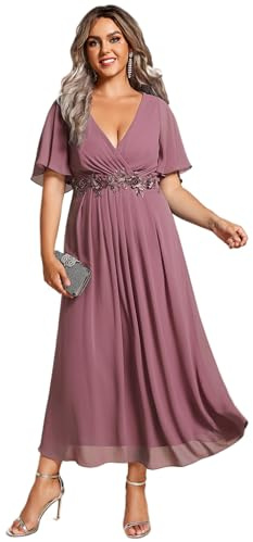 Ever-Pretty Plus Size Women's Midi Wedding Guest Dress Ladies Short Sleeve Dress with Applique Mother of The Bride Orchid 20UK