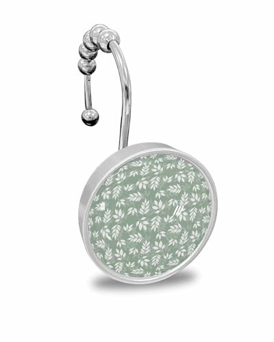 Shower Curtain Hooks Set of 12 Modern Classic Green Leaf Texture Plant Print Crystal Glass Shower Curtain Rings for Bathroom Decorative Stainless Steel Rust Proof Roller Shower Curtain Hangers