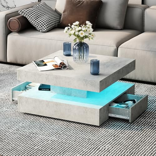 KEEPREAPER Couchtisch LED Wohnzimmertisch mit 2 Schubladen matt Grau | Kaffeetisch mit verdecktem Stauraum für Wohnzimmer 78 x 78 x 40cm