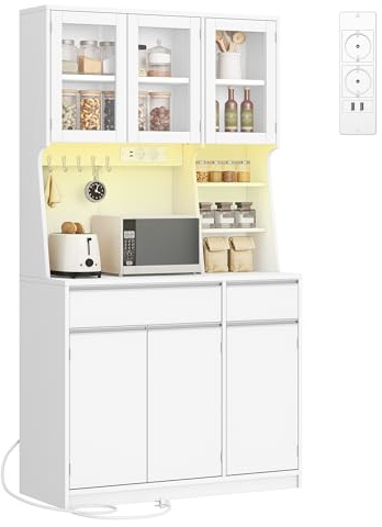 Hzuaneri Alacena de Cocina, Aparador Comedor, Armario Cocina Almacenaje con regleta y Tira de Luces LED, encimera y 2 cajones, estantes Regulables,área culinaria, salón, 40x100x180cm, Blanco